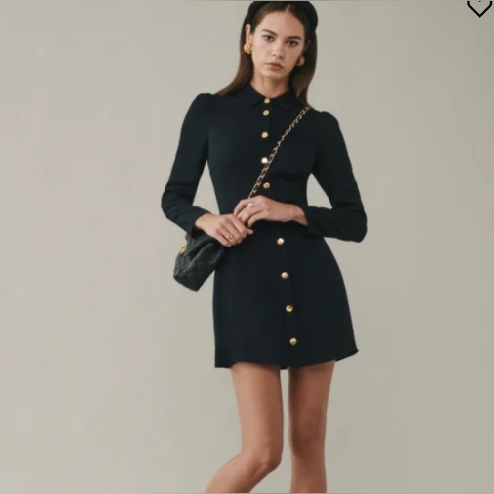 Black REFORMATION long sleeved button-down collared mini dress